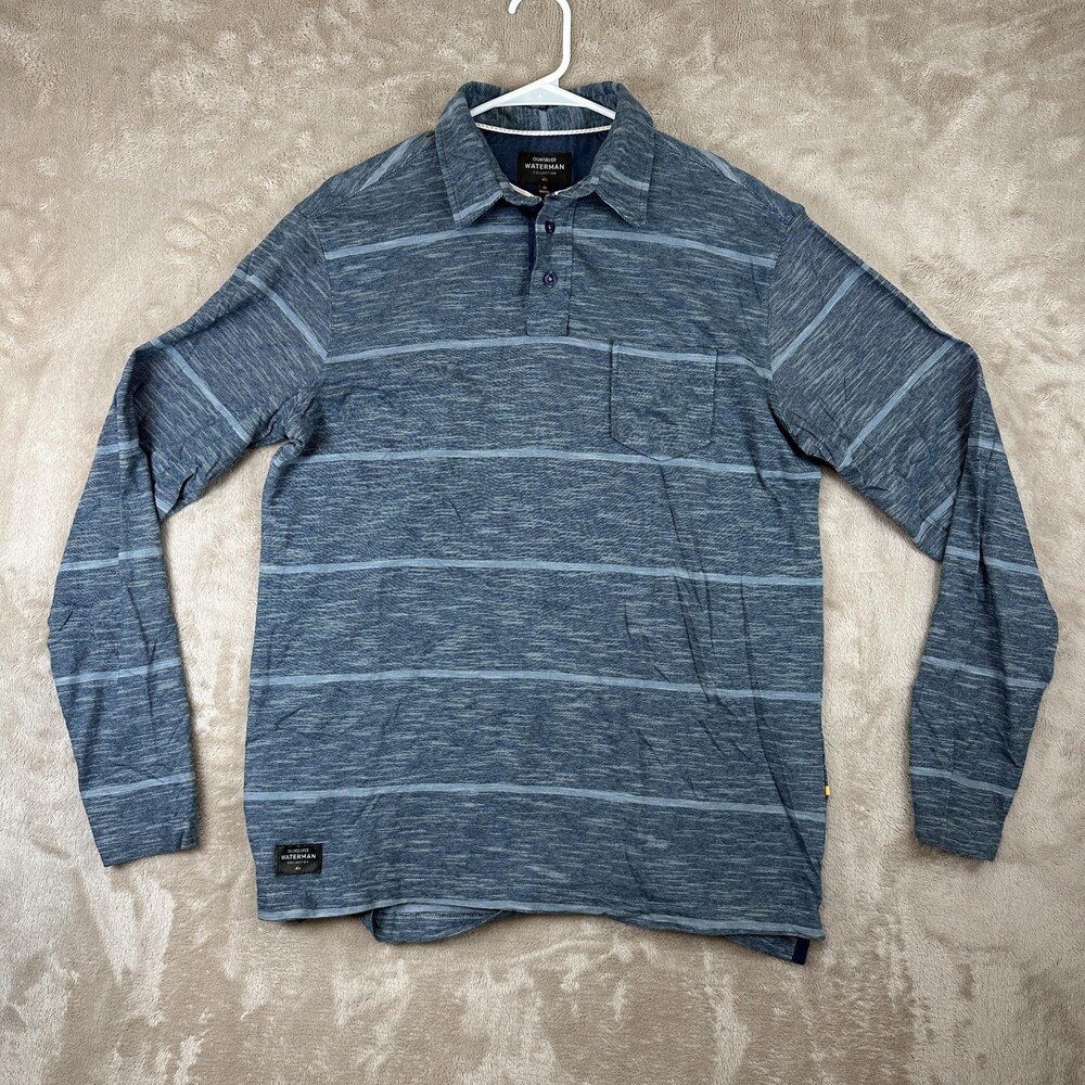 Quiksilver Waterman Polo Shirt Mens Medium Blue Stripe Long Sleeve Cotton Casual